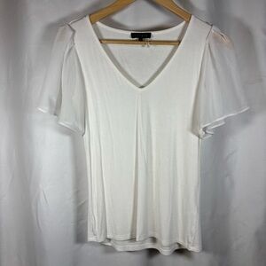 1. STATE V-Neck Chiffon Short Flutter Sleeve Ribbed Knit Top White Size Small